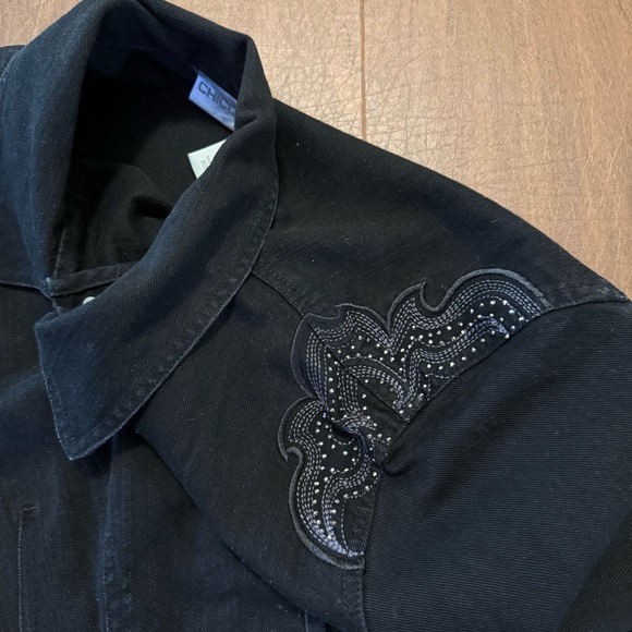Chico’s Sz 3 Denim Dazzle Embroidered Embellished Black Blazer Jean Jacket XL/16 - Picture 7 of 16